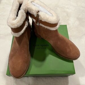Kate Spade Bailee Tan Suede Boots with White Fur Brand New In Box 9.5 !
